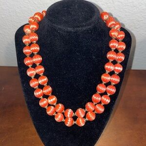 Japan Double Strand Vintage Coral Color Textured Beads Necklace with Extender